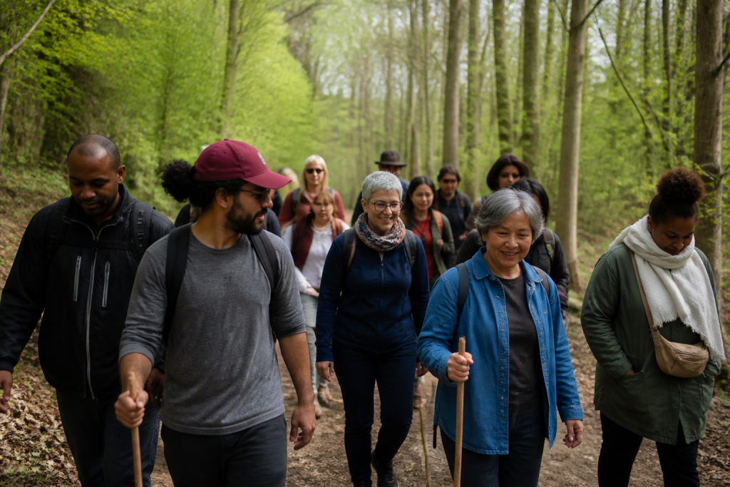 Pelerins de cultures diverses marchant ensemble sur sentier