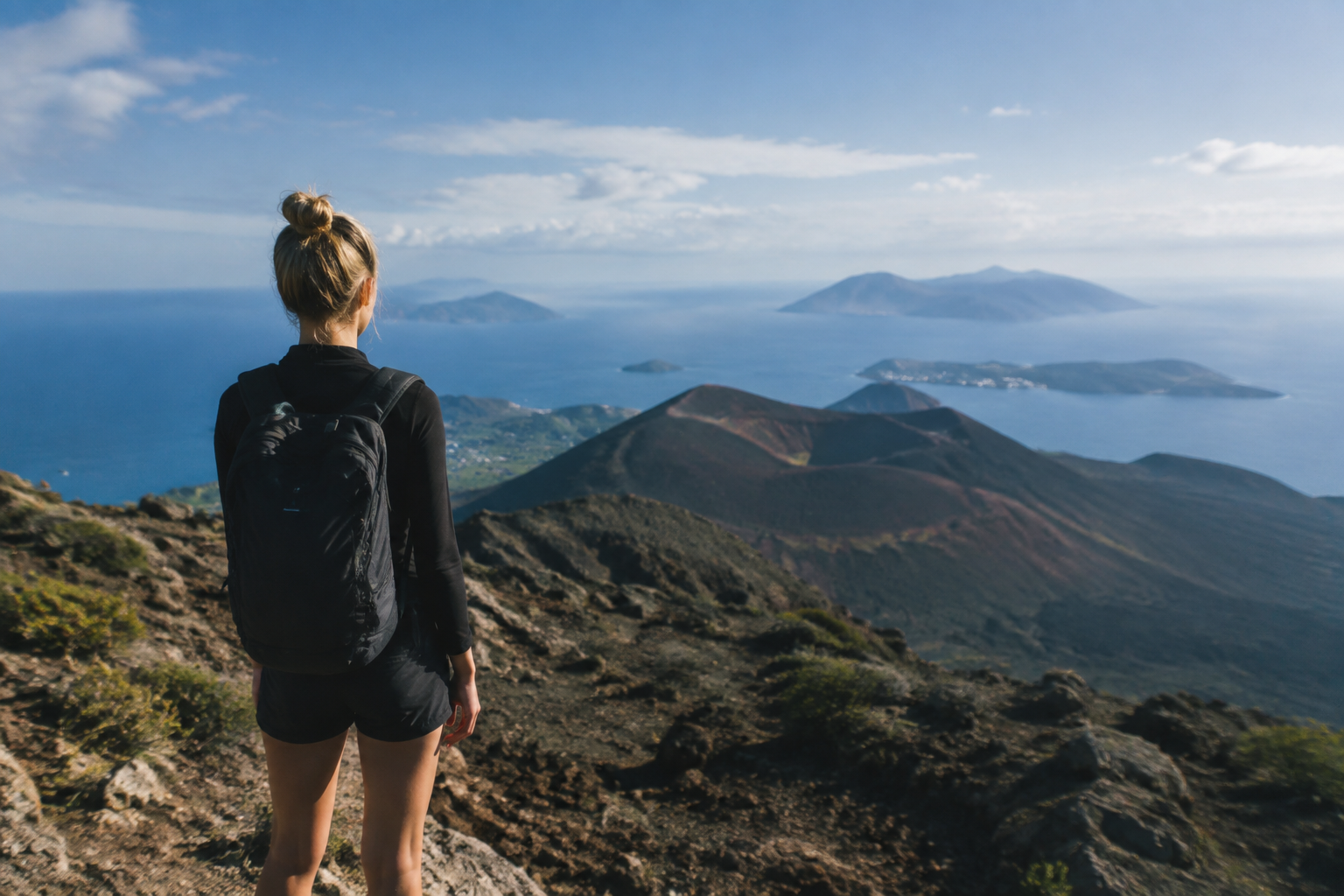 Personne debout devant volcan montagne iles horizon ocean