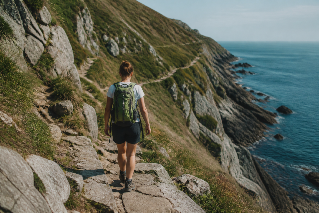Randonneur sentier rocheux falaises ocean cote