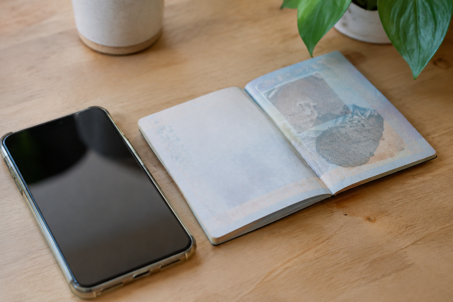 Smartphone et passeport ouvert sur une table